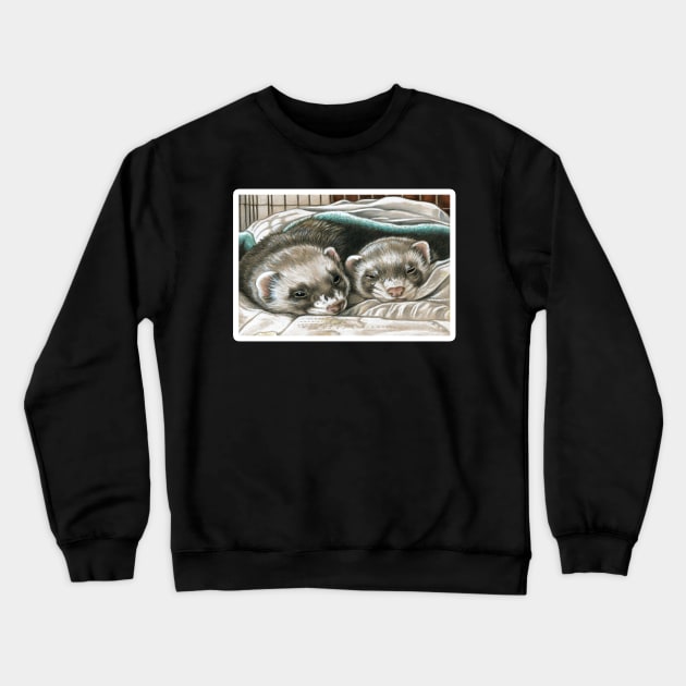 Napping Ferret Buddies - White Outlined Version Crewneck Sweatshirt by Nat Ewert Art